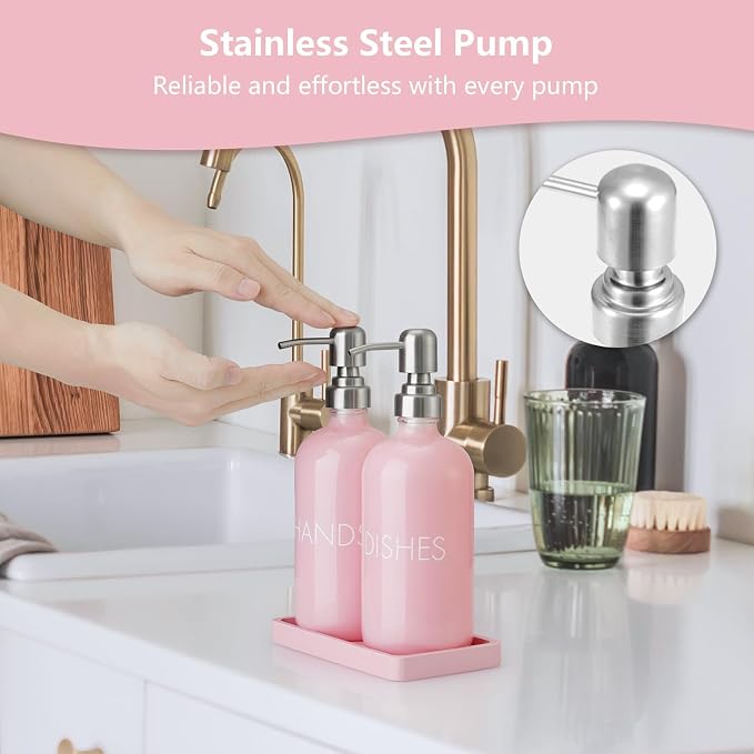 Pink Glass Dish and Hand Soap Dispenser Set - Image 4