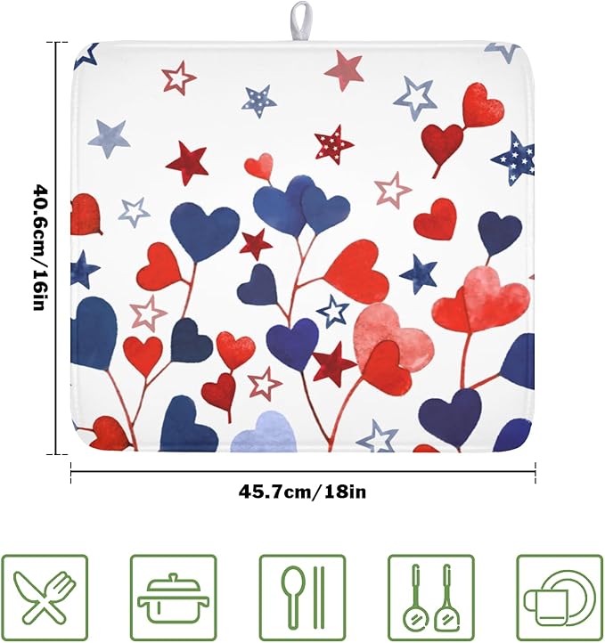 4th of July Dish Drying Mat for Kitchen Counter Patriotic Red Blue Star Love - Image 2