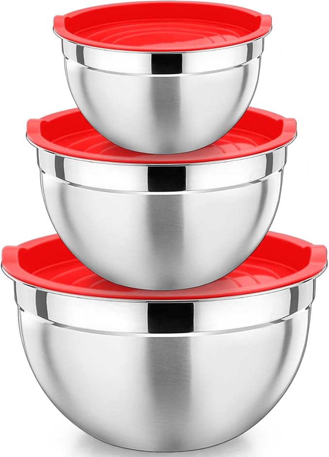 P&P CHEF Red Mixing Bowls with Lids, Stainless Steel Salad Nesting Bowl by PPCHEF