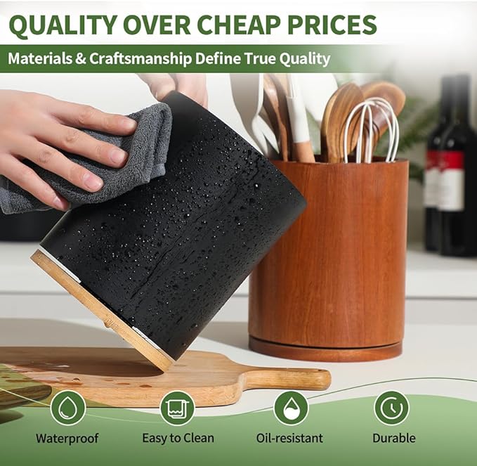 Wooden Utensil Holder, 360°Rotating 7.3'' Large Utensil Holder - Image 4