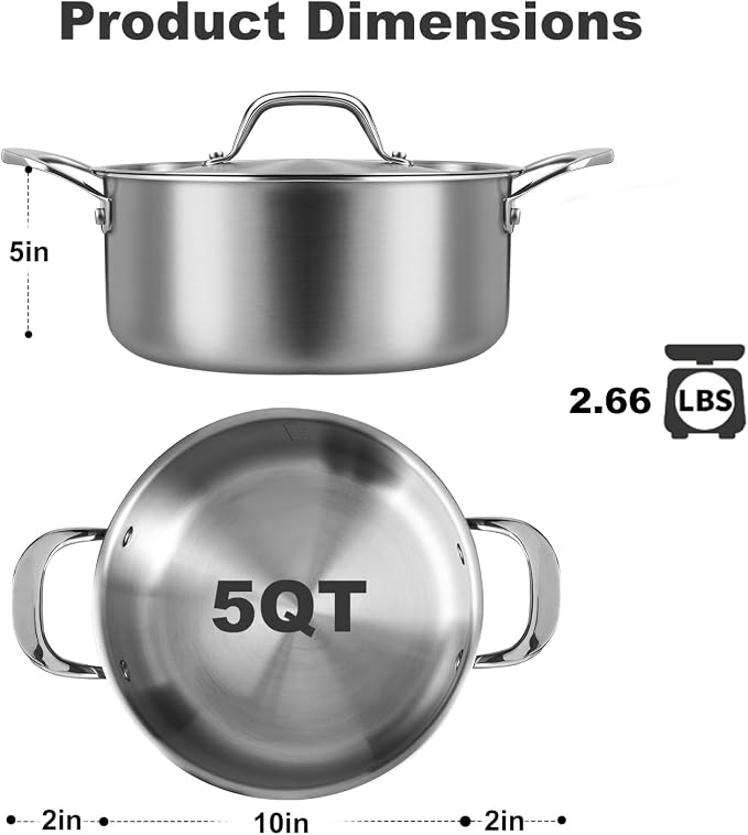 5 QT Saucepan with Lid, 3-Ply Stainless Steel Stockpot, Induction Compatible - Image 5