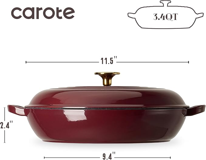 CAROTE 3.4QT Enameled Cast Iron Braiser Pan, Shallow Dutch Oven Casserole - Image 2