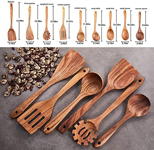 Wooden Kitchen Utensils Set,GUDAMAYE 9 PCE Natural Teak Wooden Spoons