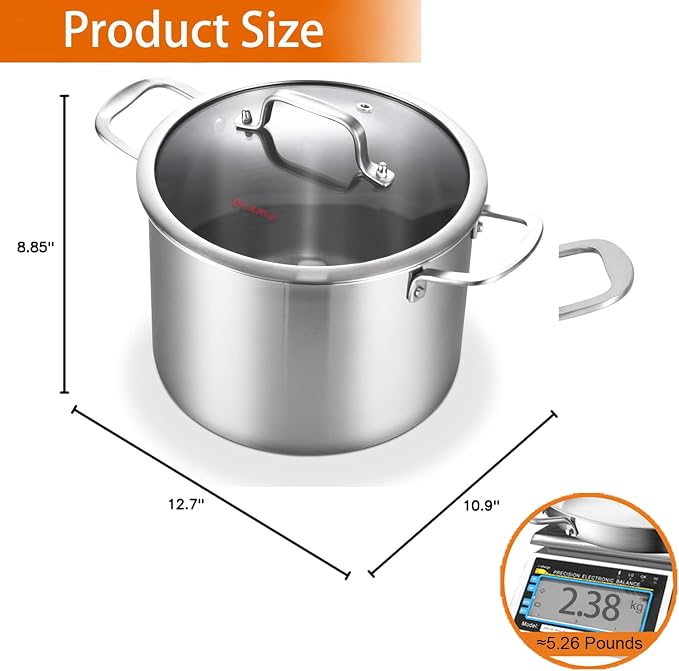 DELARLO Tri-Ply Stainless Steel 8 Quart Stock Pot, Heavy-Duty, All Stove - Image 3