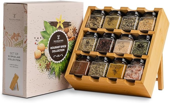 TILZ GEAR Wooden 3-Tier Spice Rack, 12 Filled Glass Jars, 12 Organic Spices by Tilz
