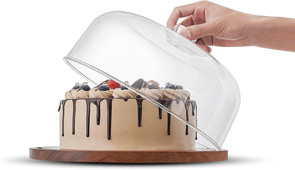 Acacia Wood Cake Stand with Acrylic Dome Lid, Cake Holder with Lid