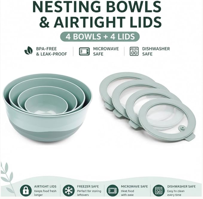 Pera Mixing Bowls with Lids Set, 8 Piece, BPA Free Nesting Kitchen Bowl Set - Image 2
