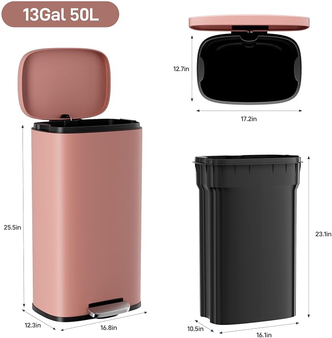 Arlopu 8/13.2 Gallon Step Trash Can, Stainless Steel Garbage Bin, Soft-Close - Image 2
