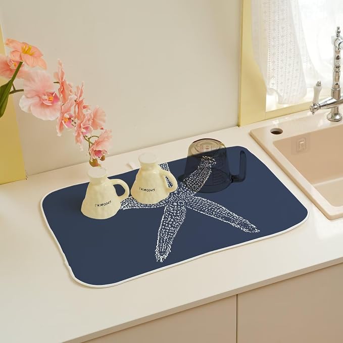 Coastal Beach Dish Drying Mat 18 x 24 inch, Summer Navy Blue Starfish - Image 6