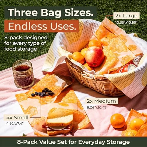 8 Pack Reusable Beeswax Food Storage Bags