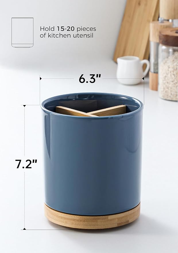 LoeJan 3 Compartment Utensil Holder, Extra Large Utensil Crock, Stable Ceramic - Image 2