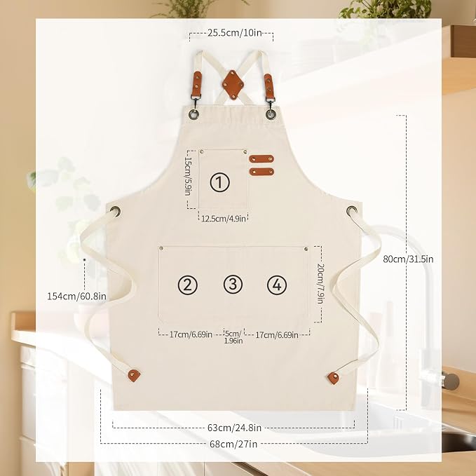 Chef Aprons for Men Women with Large Pockets, Cotton Canvas Water Repellent - Image 2