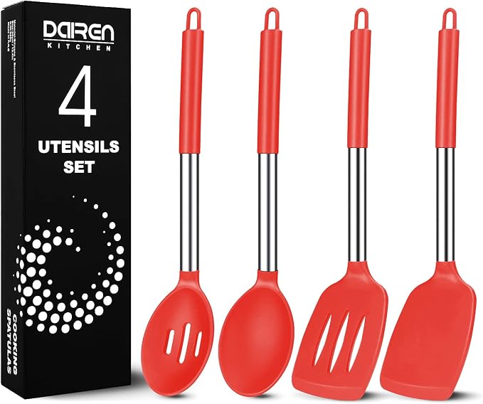 Pack of 4 Large Silicone Cooking Spatulas and Spoons, Slotted and Solid by DaiRenKitchen