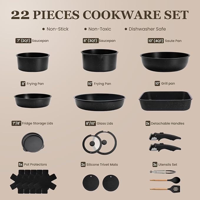 KIKCOIN 22 Pcs Pots and Pans Set Non Stick, Detachable Handle Cookware Sets - Image 2