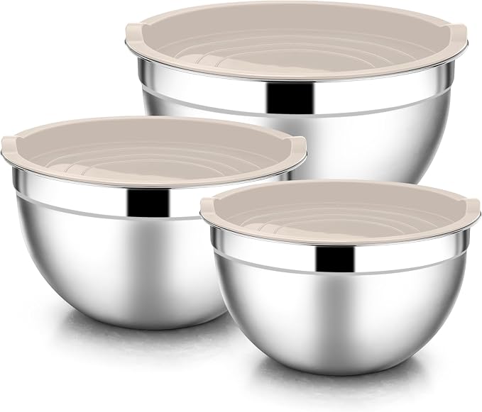 E-far Mixing Bowls with Lids, 6-Piece Stainless Steel Salad Bowls Metal Nesting by E-far