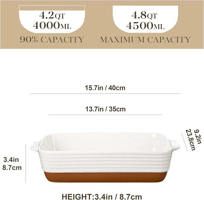 MALACASA Baking Dish 4.8 Qt Ceramic Casserole & Lasagna Pan, 9x13 Inch Deep - Image 2