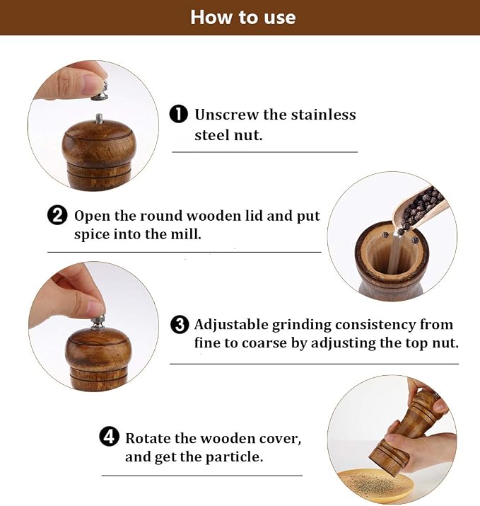 Salt and Pepper Grinders Set, Ouktor Manual Wooden Salt and Pepper Mills Shakers - Image 4