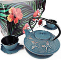 Blue Butterfly Cast Iron Tea Set, 2 Cups, 2 Saucers, Infuser & Trivet