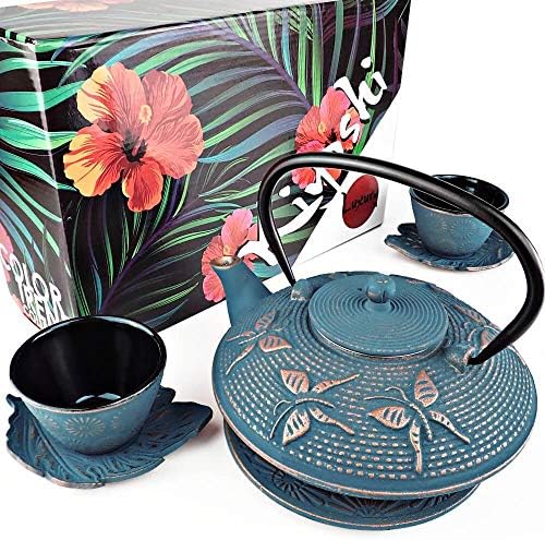 Blue Butterfly Cast Iron Tea Set, 2 Cups, 2 Saucers, Infuser & Trivet