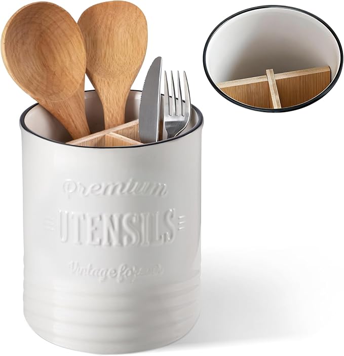 DOWAN 3 Compartment Kitchen Utensil Holder, 7.2″ Extra-Large Ceramic Stable by DOWAN