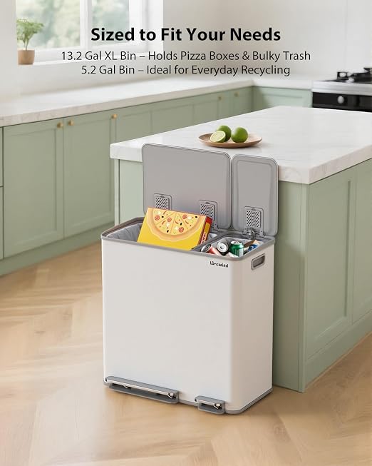 Dual Trash and Recycling Bins for Kitchen, 13.2 + 5.2 Gal Stainless Steel Trash - Image 2