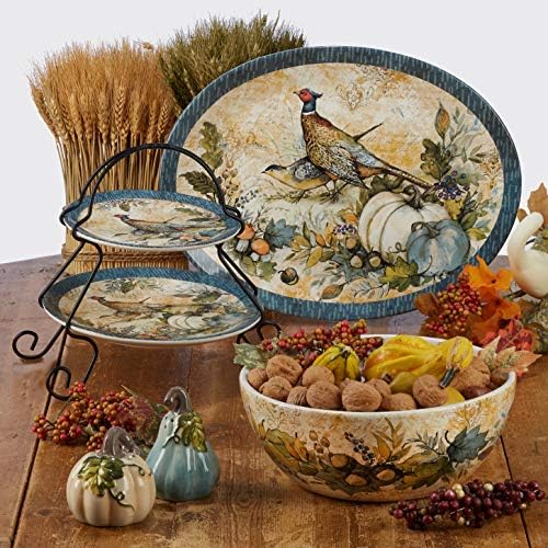 Harvest Gatherings 14 oz. Ceramic Fall Mugs, Set of 4 – Blue & White