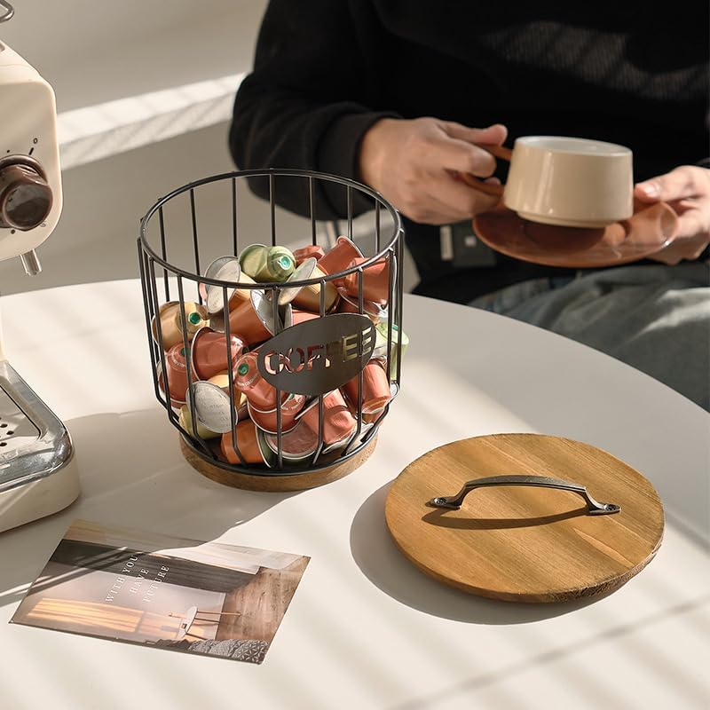 Coffee Pod Basket Holder - Large Capacity Black with Wood Lid
