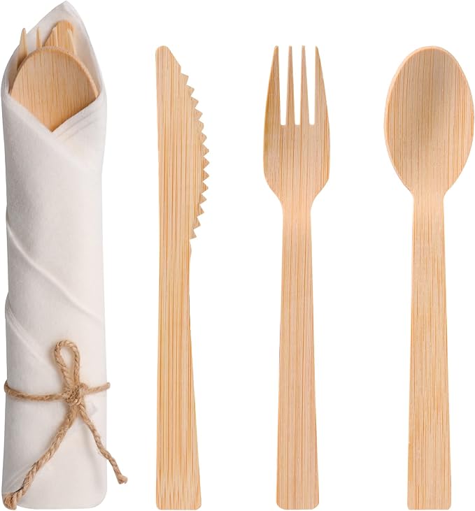 Pre Rolled Napkin and Bamboo Cutlery Set by Aowutus