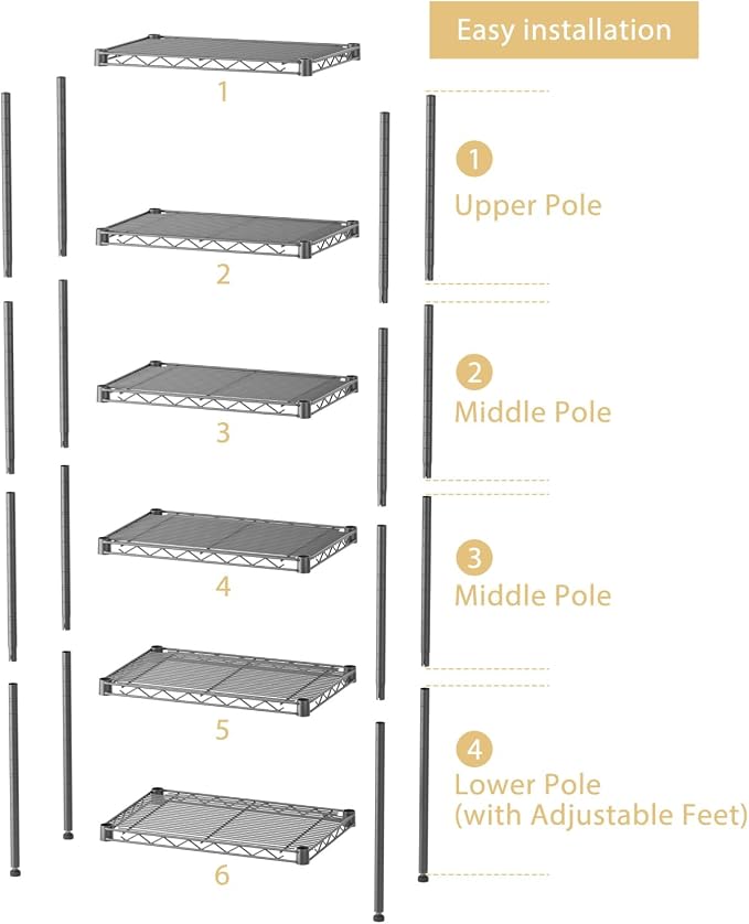 SINGAYE 6 Shelves Bathroom Organizers and Storage Shelf Wire Closet Metal - Image 4