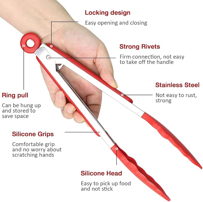 9 Inch Small Kitchen Tongs Set of 3, Silicone Cooking Tongs - Image 4