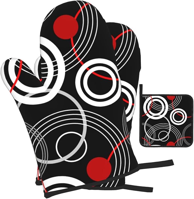 Modern Black Red Retro Oven Mitts and Pot Holders Sets of 3 Abstract Modern Hot - Image 2