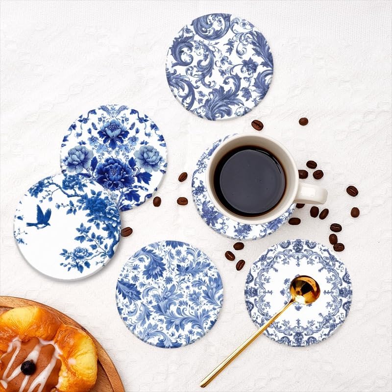 Absorbent Coasters for Drink Set of 6,Bule and White Coasters Cork