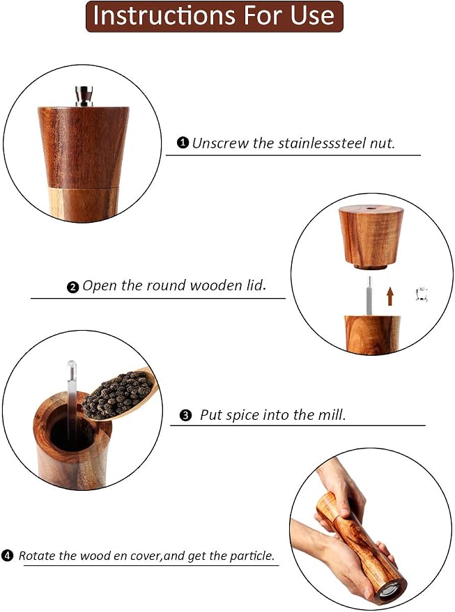 Wooden Salt and Pepper Grinders Set, 8 inch Acacia Wooden Salt and Pepper Mills - Image 4