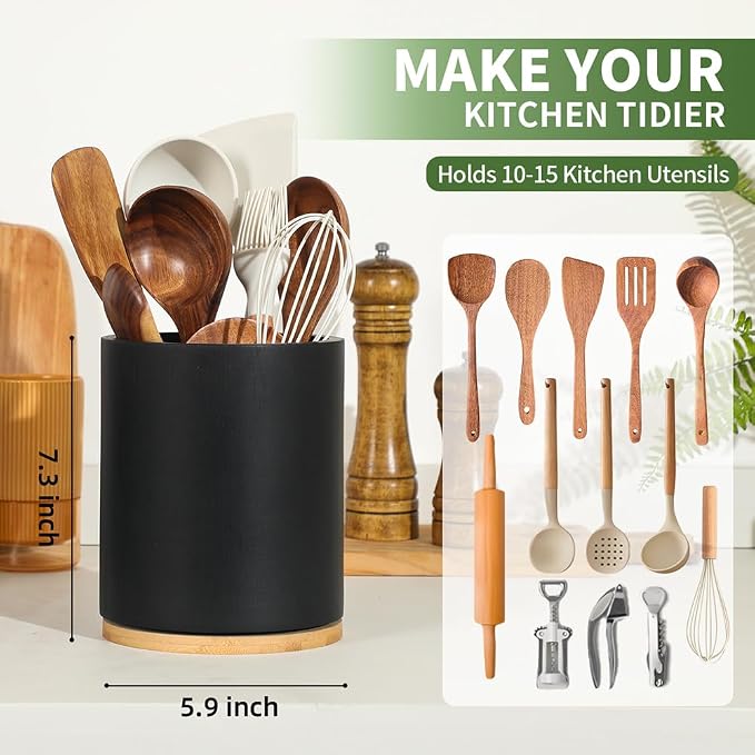 Wooden Utensil Holder, 360°Rotating 7.3'' Large Utensil Holder - Image 2
