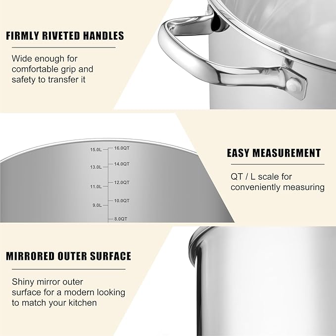 TeamFar 16QT Stock Pot, Stainless Steel Stockpot Large Induction Cooking Pot - Image 3