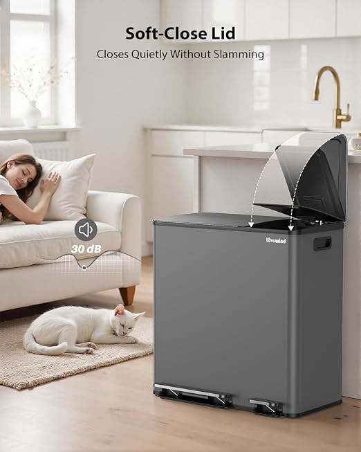 Dual Trash and Recycling Bins for Kitchen, 13.2 + 5.2 Gal Stainless Steel Trash - Image 4