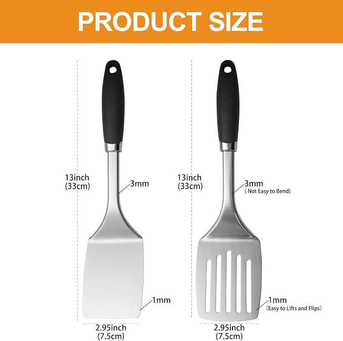 Stainless Steel Spatulas Set, 2 Pack Heavy Duty Solid & Slotted Turner - Image 4