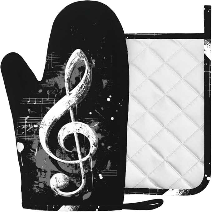 Black Notes Oven Mitts and Pot Holders Sets Non-Slip Silicone Surface - Image 2