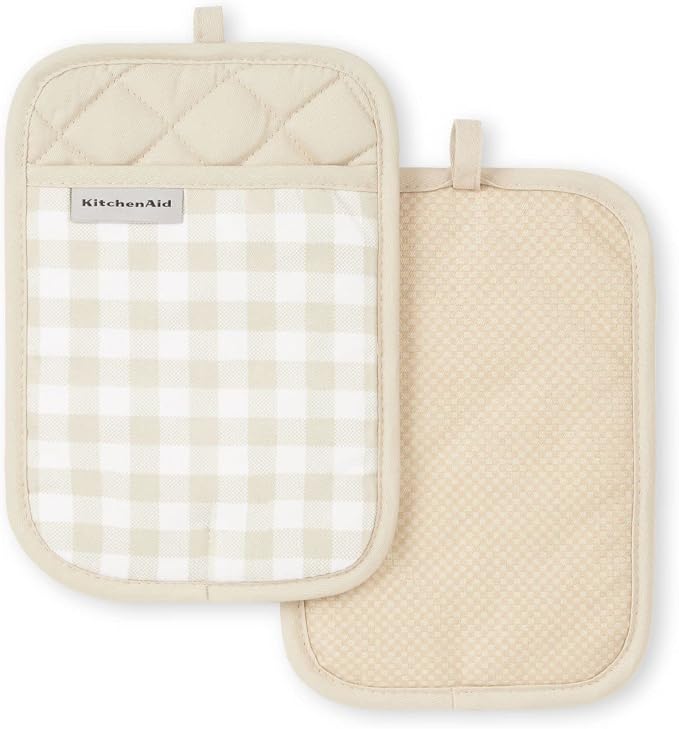 KitchenAid Gingham Pot Holder 2-Pack Set, Milkshake Tan by KitchenAid