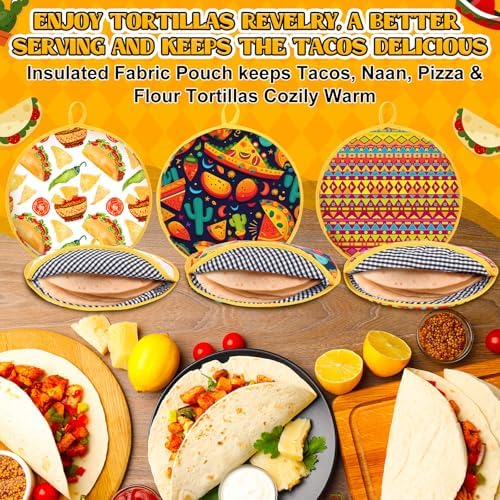 LemonRoad 3 Pcs 12 Inch Tortilla Warmer Pouch with 4 Taco Holder