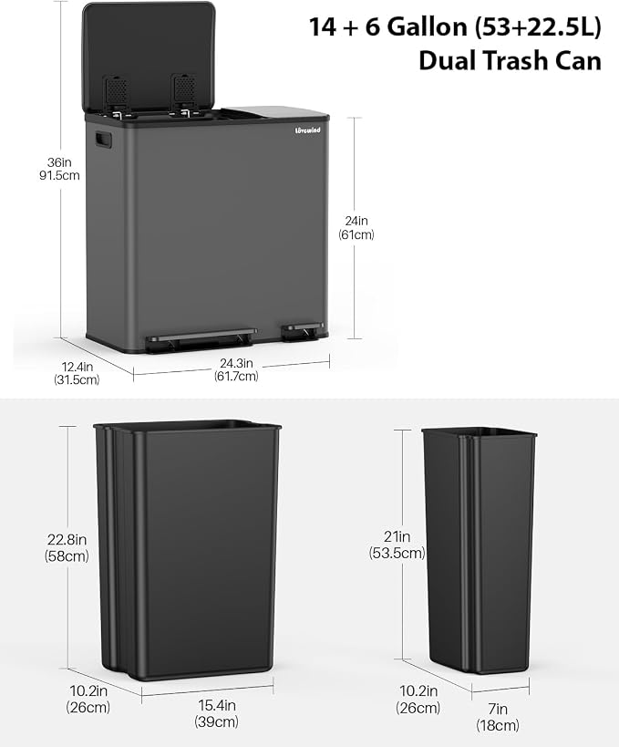 Lovewind Dual Trash Can, 14 + 6 Gallon Garbage Can - Image 6