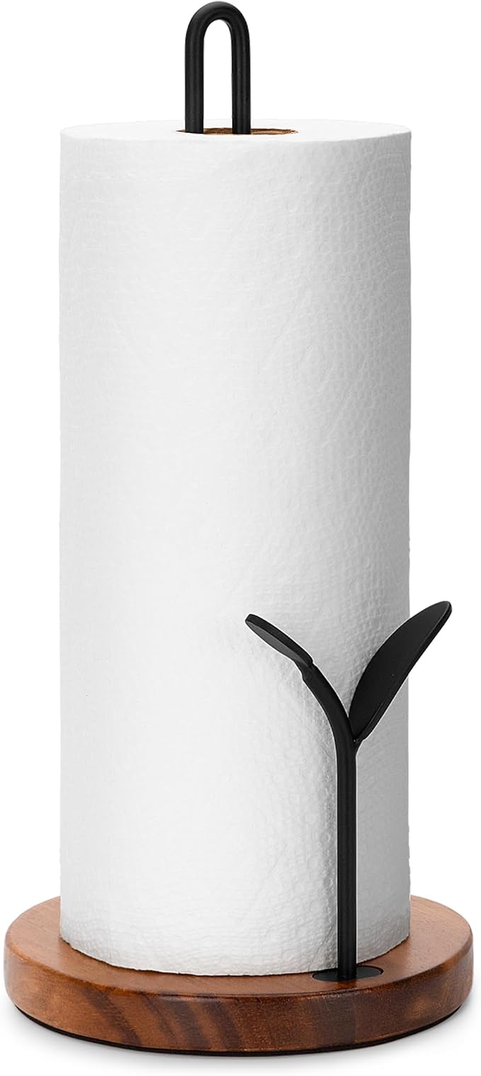 Wood Paper Towel Holder Countertop, Leaf-Shaped Accent Iron Rods by SUNNEKO