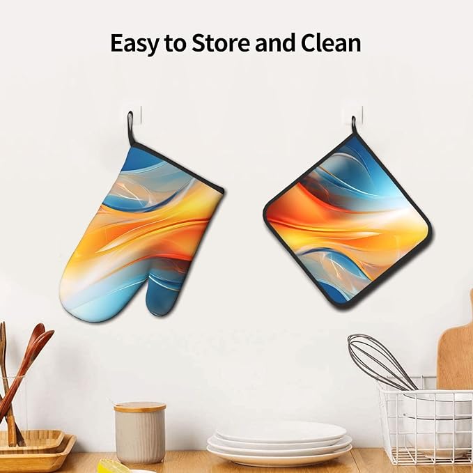 Burnt Orange Blue Abstract Fluid Oven Mitts and Pot Holders Sets of 3, Heat - Image 5