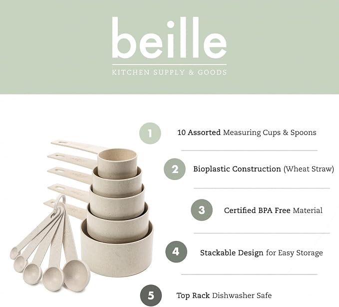 Beille Cream Wheat Straw Measuring Cups Spoons Set Cooking Baking Tools 10pc - Image 2
