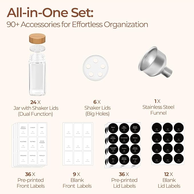 ComSaf Spice Jars with Label 4 oz 24Pcs, Glass Spice Jars with 6 Extra Shaker - Image 3