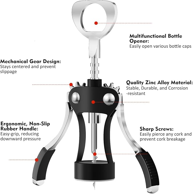 KORCCI Wine Opener, Heavy-Duty Zinc Alloy Wing Corkscrew, Premium Beer Bottle - Image 2