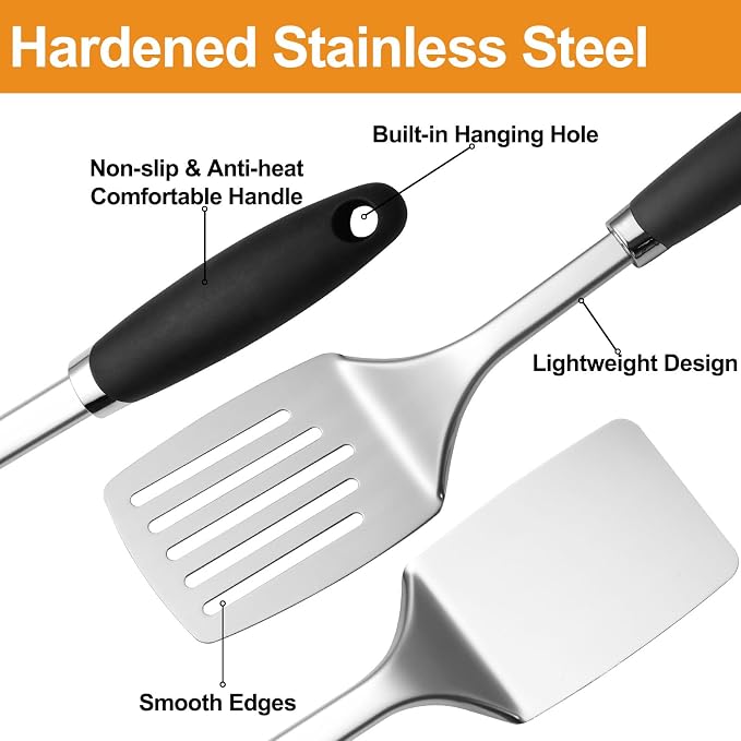 Stainless Steel Spatulas Set, 2 Pack Heavy Duty Solid & Slotted Turner - Image 2