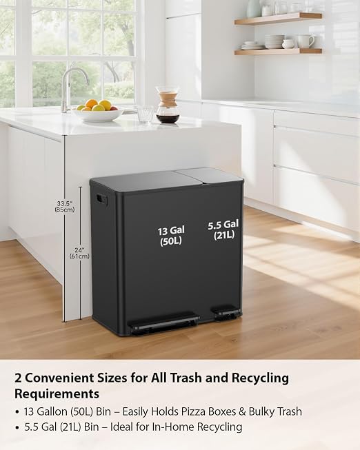 Lovewind Double Trash Can Kitchen, 13+5.5 Gallon Stainless Steel Dual Trash and - Image 2