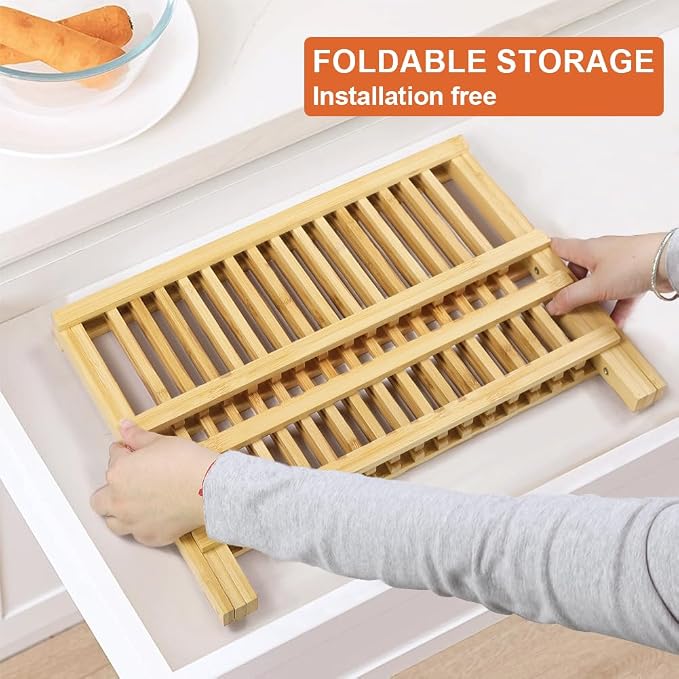 KKTONER Bamboo Dish Drying Rack 2 Tier Foldable Plate Organizer Collapsible - Image 6
