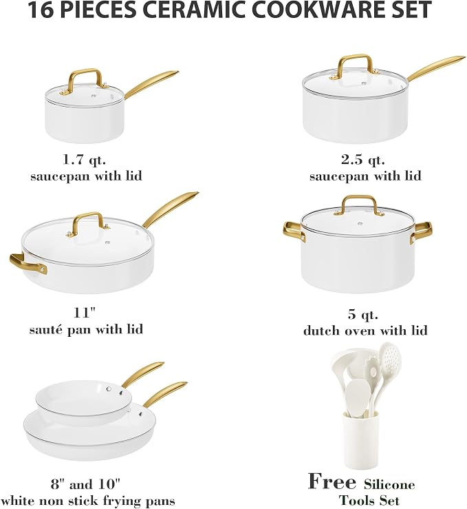 Ceramic Cookware Set, VONIKI 16 Pcs Pots and Pans Set Non Stick, Kitchen - Image 2